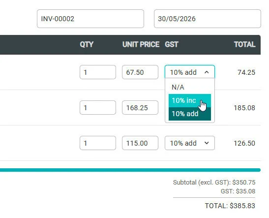 GST 10% inc or add dropdown on invoice line items