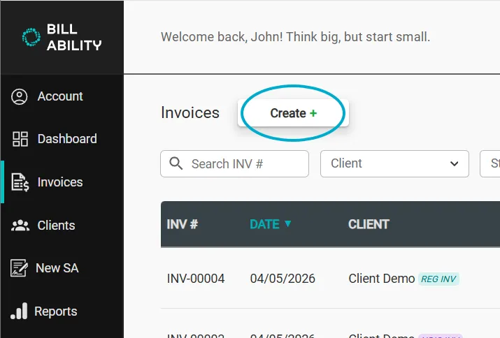 Invoices list with Create button