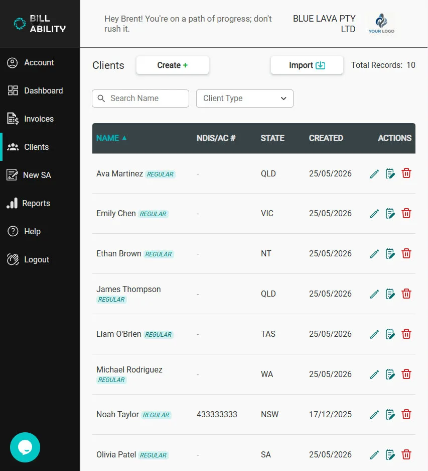 Client list with search and filter
