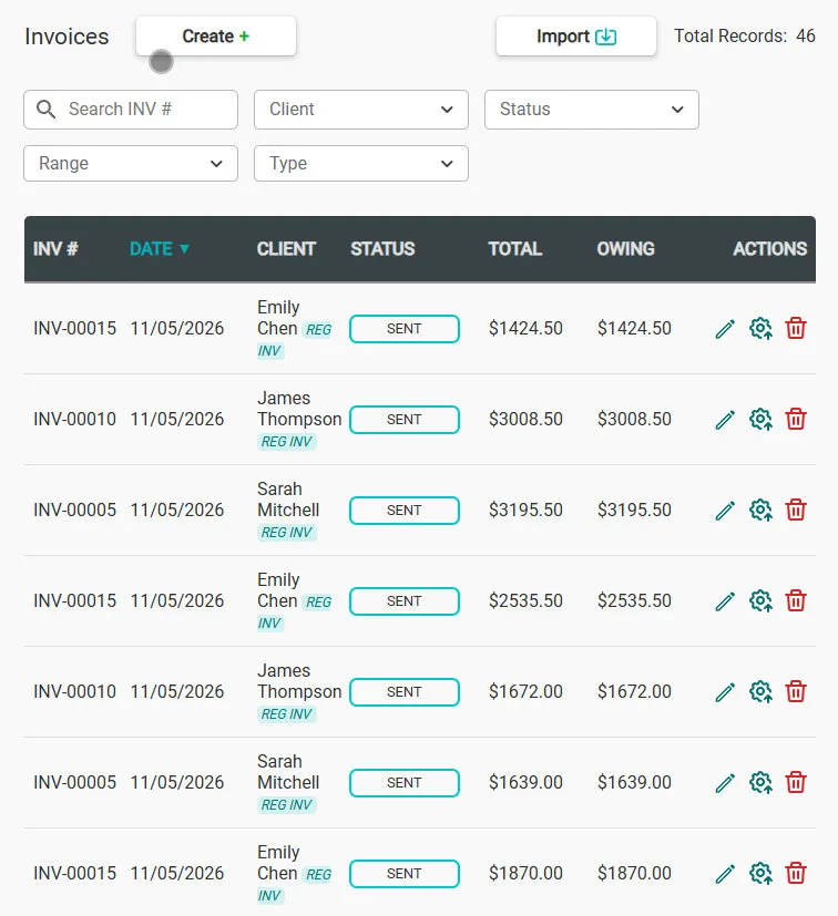 Invoice list with status and amounts