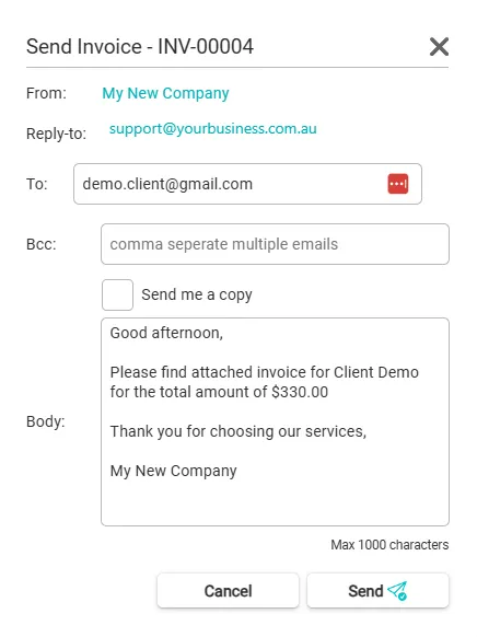 Send Invoice email dialog with PDF attachment