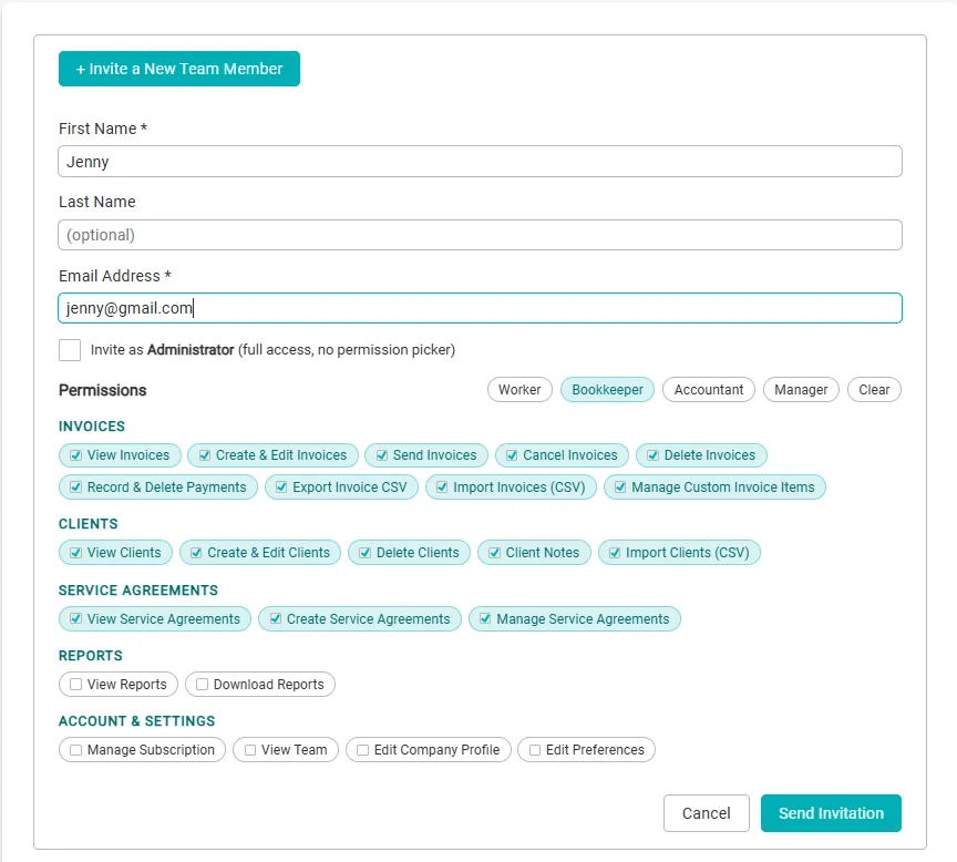 Invite team member dialog with role presets and granular permission toggles