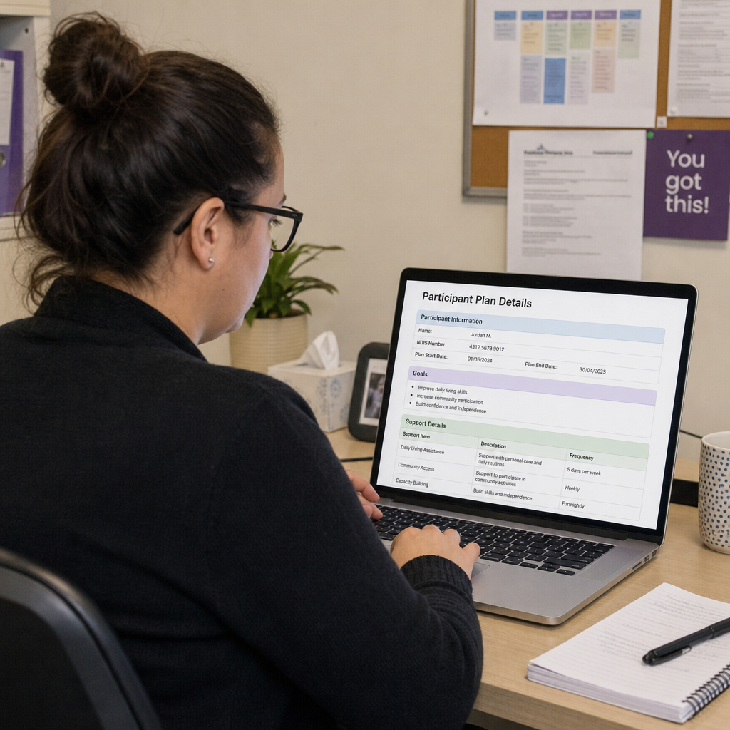 Support coordinator managing participant records and invoices on a laptop