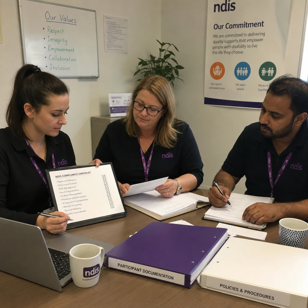 Support coordination team reviewing NDIS invoices and pricing