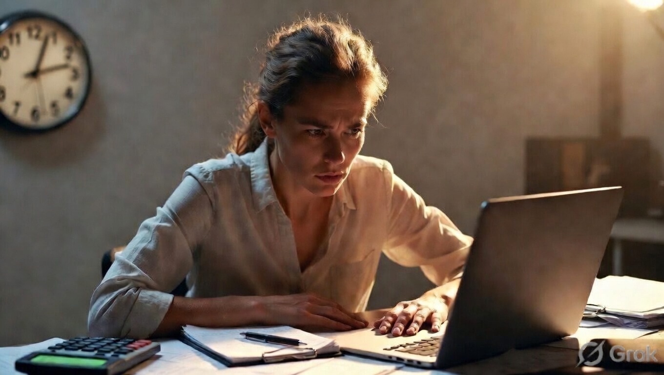 A stressed-looking woman in a white shirt sits at a cluttered desk, looking frustrated and confused while looking intently at a laptop. A large clock is visible on the wall behind her.