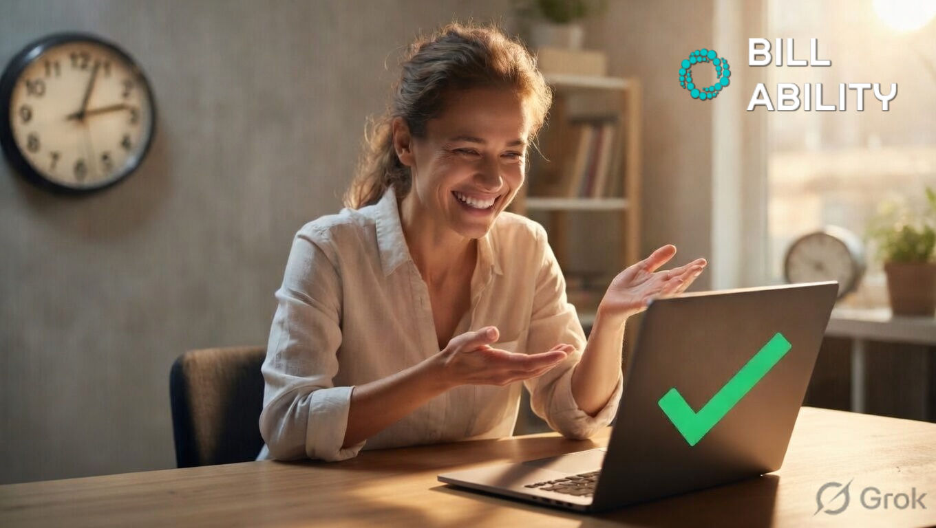 A smiling woman in a white shirt, sitting at a neat, organized desk with a calculator. She is looking happily at a laptop which displays a prominent green checkmark. The 'Billability' logo with its circular icon is in the top-right corner.
